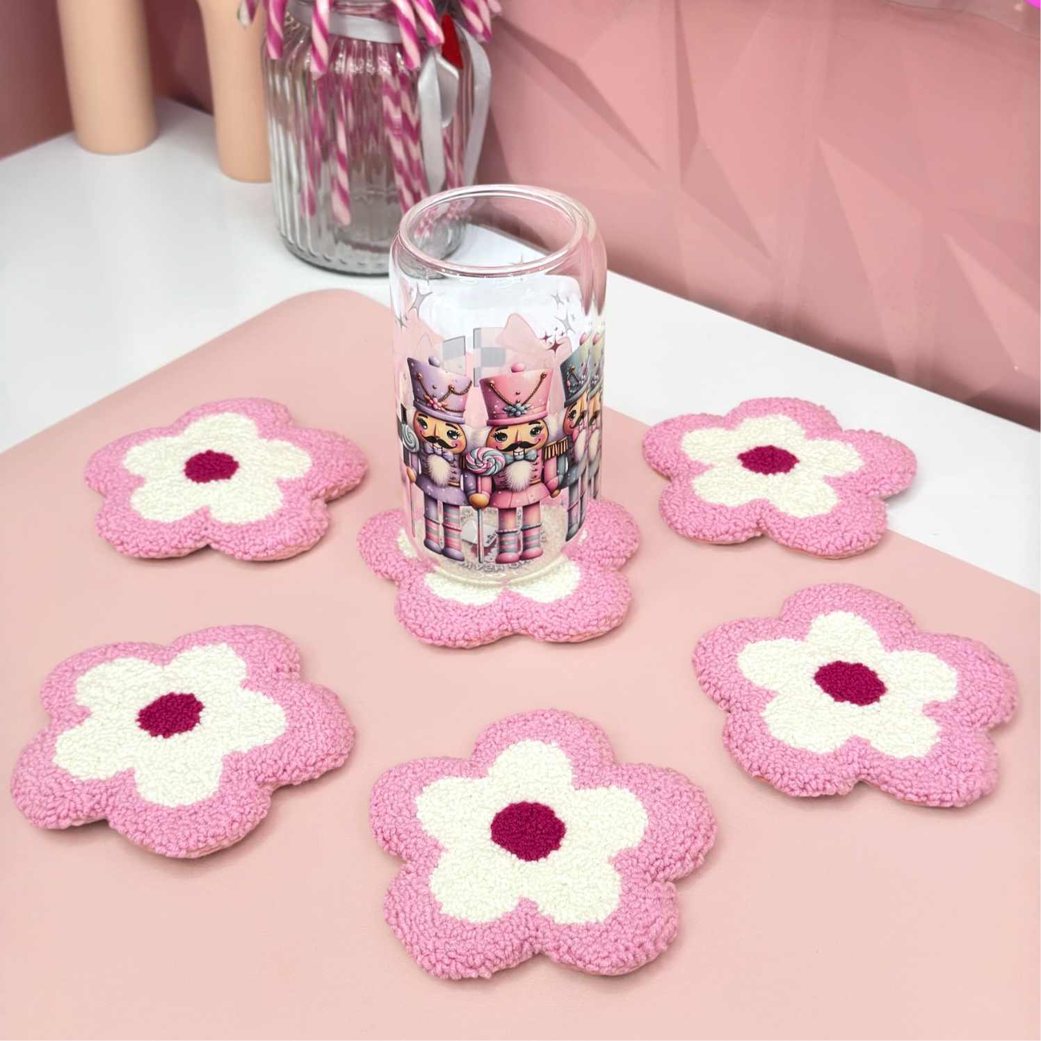 🌸 Handmade Pink Flower Punch Needle Mug Rug Coaster 🌸