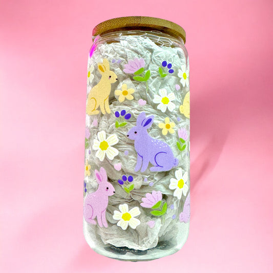 🐰🌼 Pastel Bunny Garden 16oz Glass Cup 🌸💜