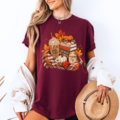 🍂📚 Hello Fall Bookish Cotton T-Shirt ☕✨