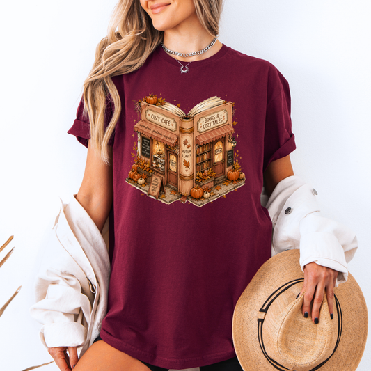 📚🍂 Cozy Café & Books Autumn T-Shirt ☕🎃