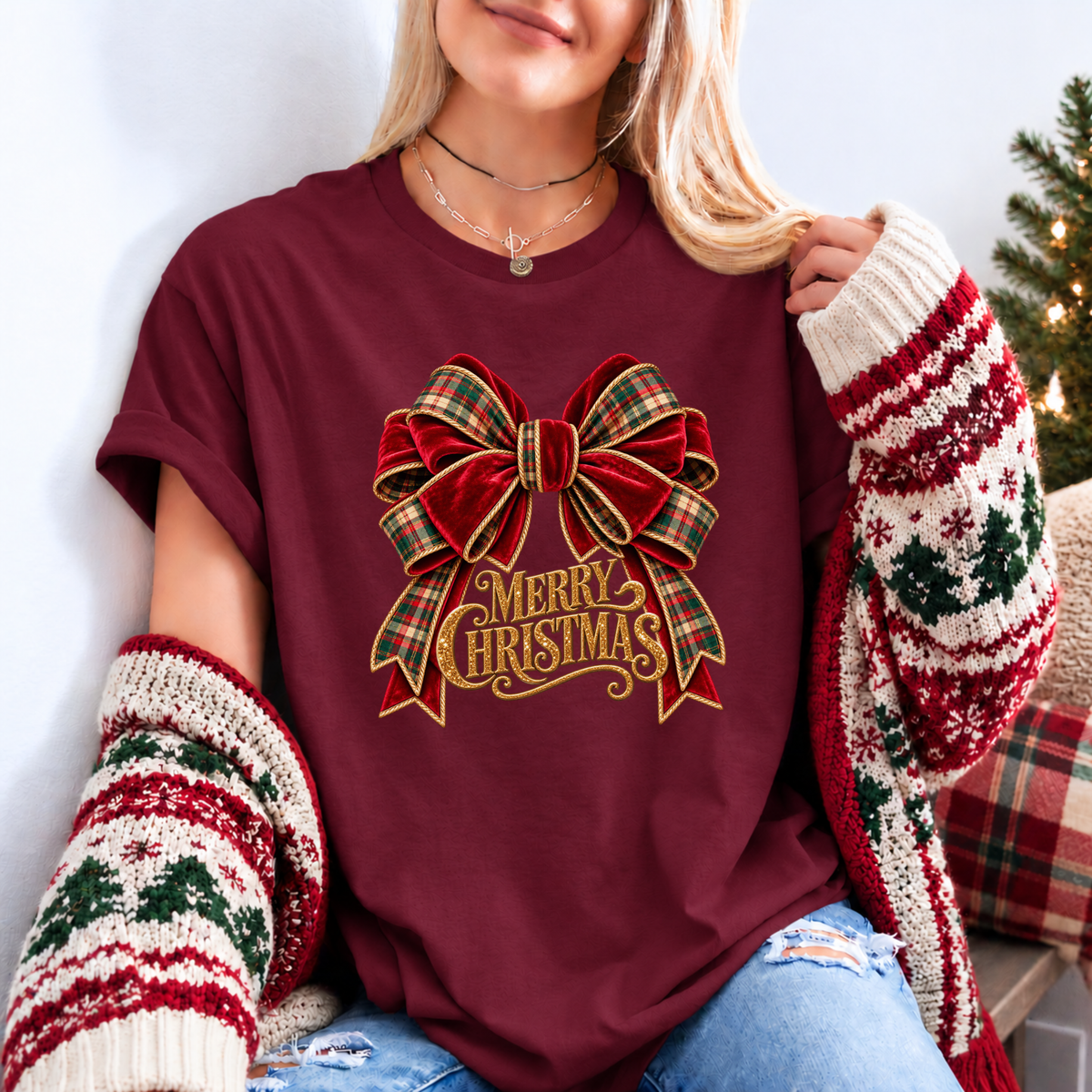 Christmas in Velvet & Tartan 🎀🎄✨ Organic Cotton Christmas T-Shirt