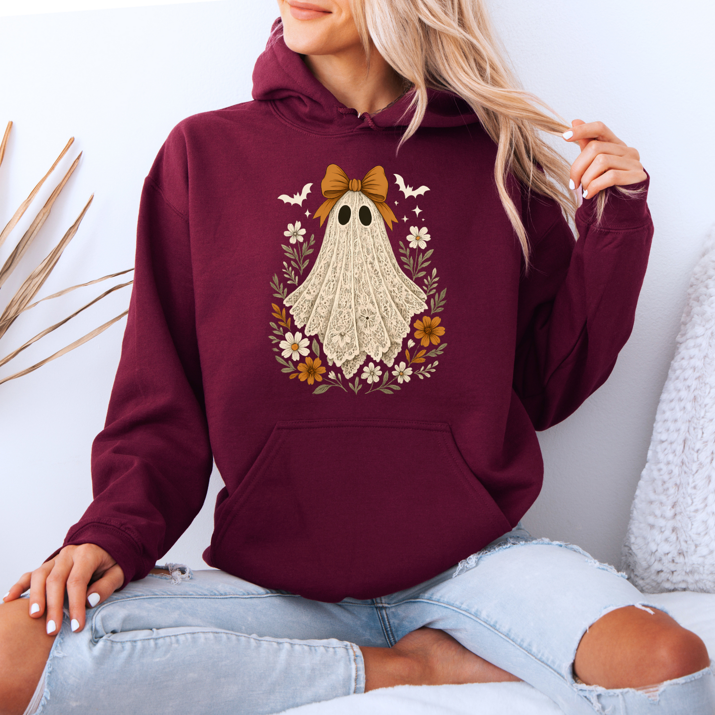 👻🎀 Vintage Lace Ghost Floral Hoodie 🌼🍂🤎