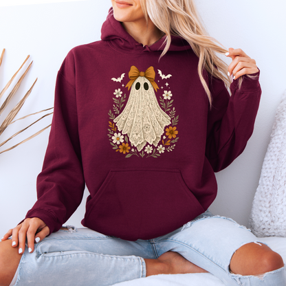 👻🎀 Vintage Lace Ghost Floral Hoodie 🌼🍂🤎