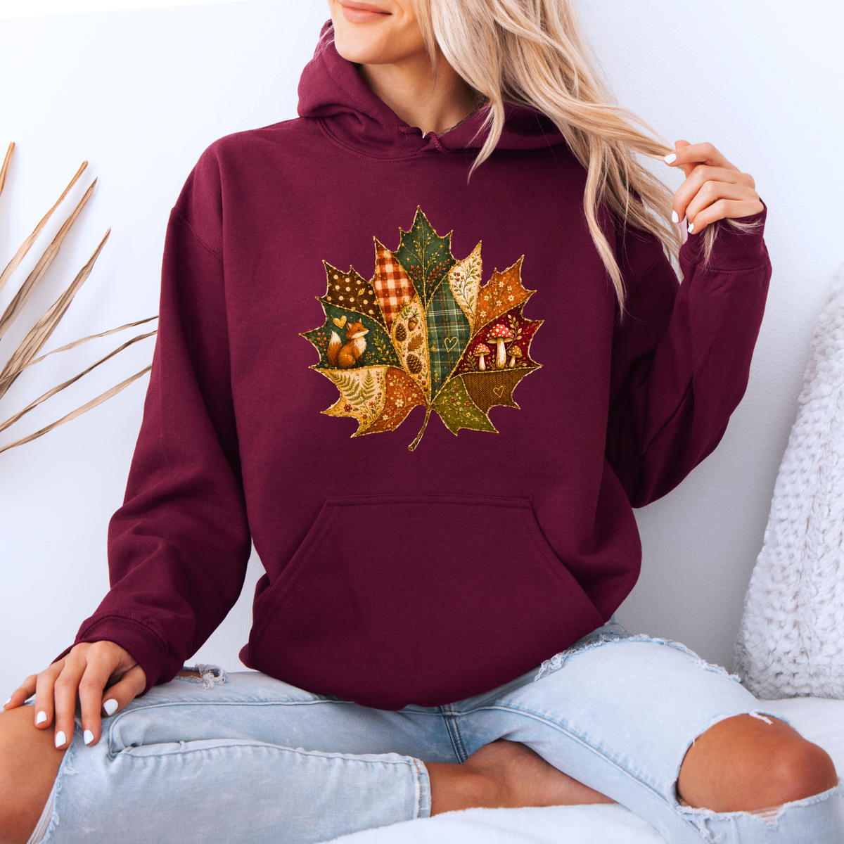 🍂🧵 Patchwork Autumn Leaf Premium Hoodie 🍁✨