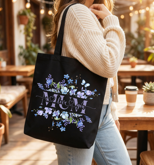 💙 Floral “Mum” Tote Bag — Elegant Blue Wildflower Mother’s Day Gift
