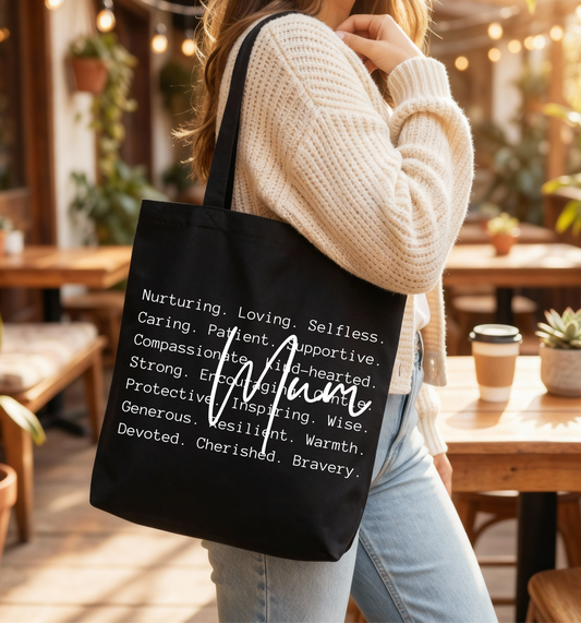 🖤 “Mama — Nurturing, Loving, Selfless” Black Canvas Tote Bag