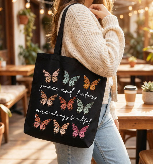 Peace & Kindness Butterfly Tote Bag — Inspirational Quote Canvas Bag 🦋✨