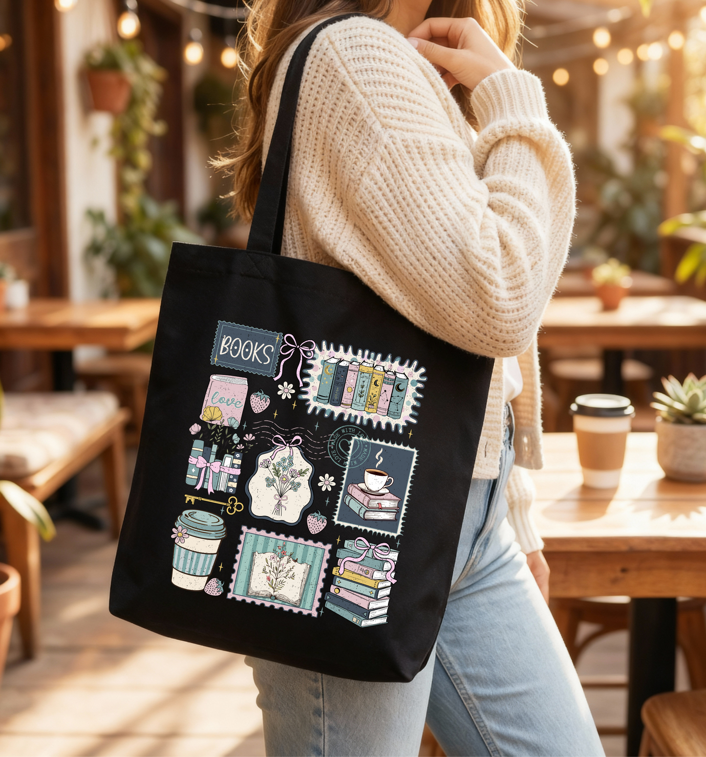 Dark Aesthetic Book Lover Tote Bag 📚🖤☕✨