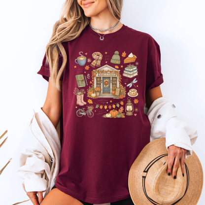 🍂📚 Autumn Bookshop Cotton T-Shirt ☕✨