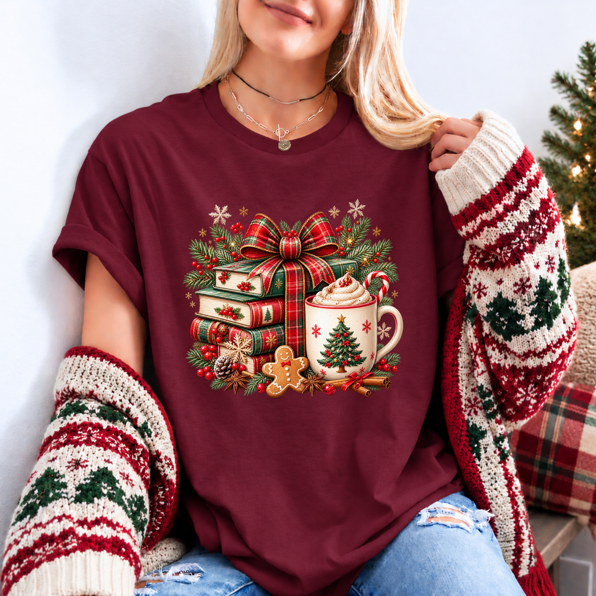 Festive Christmas Book Nook 🎄📚✨ Organic Cotton Christmas T-Shirt