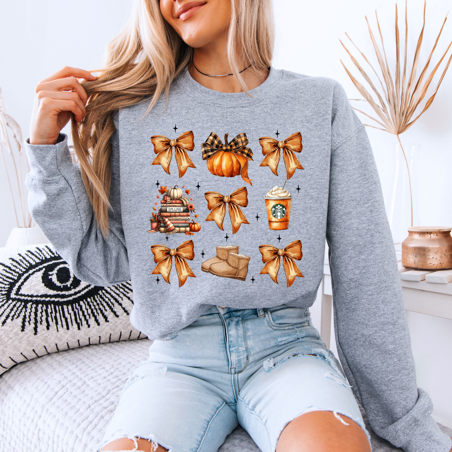 🎀🍂 Cozy Fall Bows Sweatshirt 🎃☕ Cotton Sweatshirt
