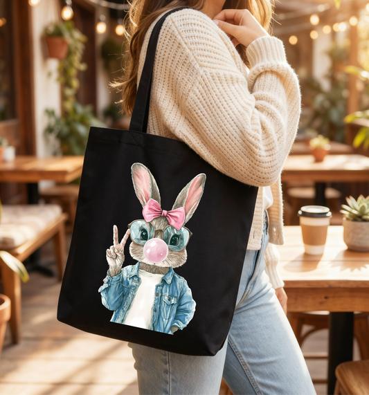 🐰 Bubblegum Bunny Black Tote Bag 🎀