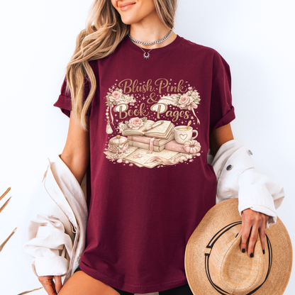 Blush Pink & Book Pages 📚🌸 t-shirt 100% Organic Cotton