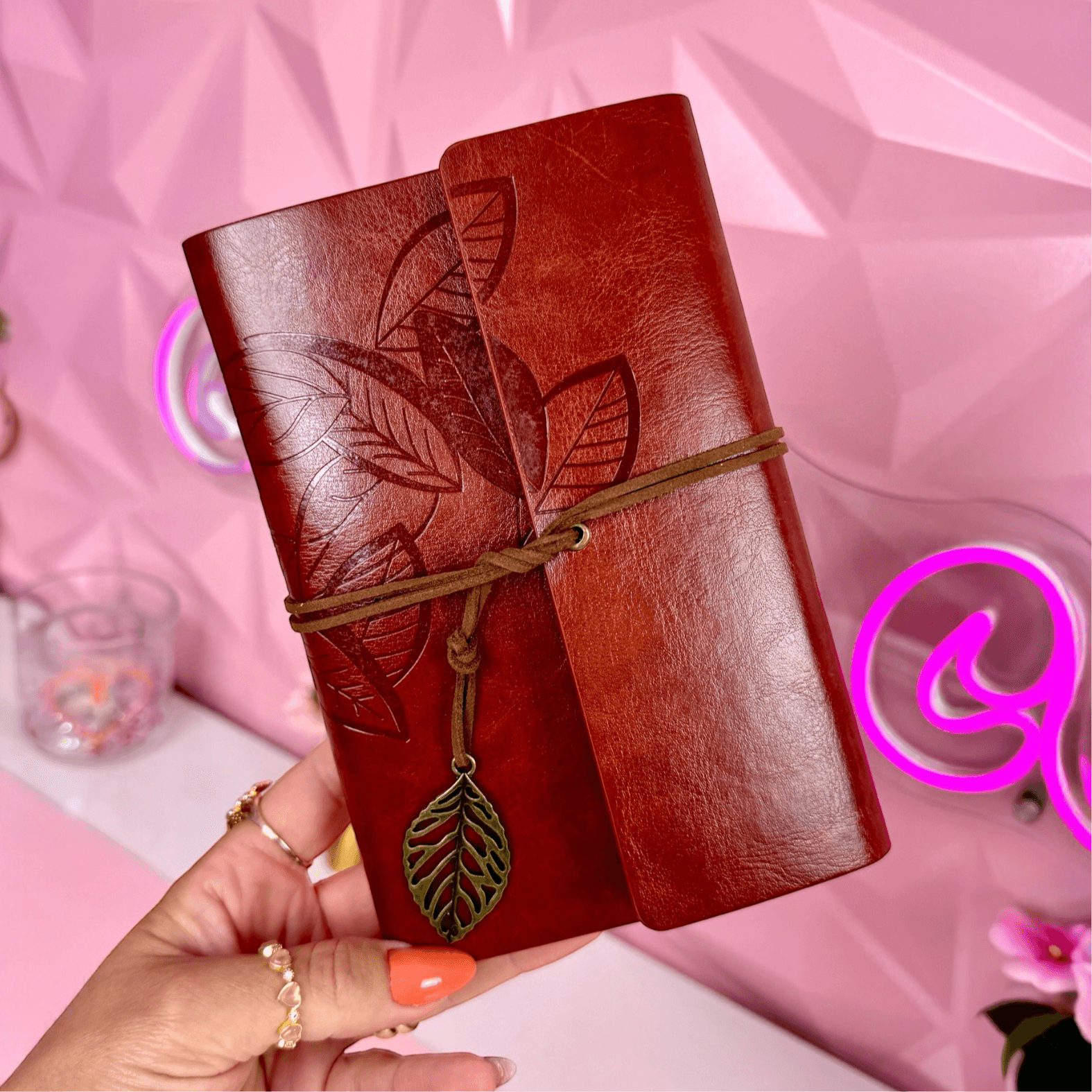 Vintage Pu Leather Journal with Leaf Charm and Embossed Floral Design