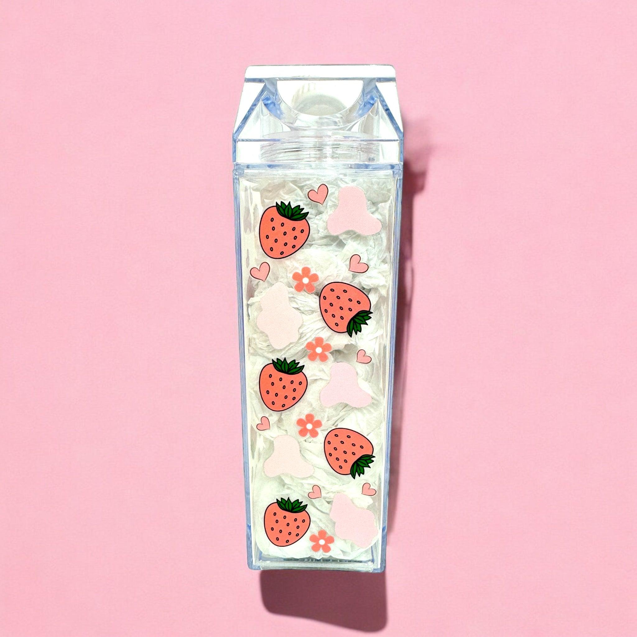 Pink Strawberry Cow Print Milk Carton Water Bottle 17oz