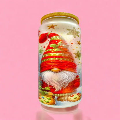 🎁 Christmas Gnome Duo 16oz Frosted Glass Cup with Bamboo Lid 🎅✨
