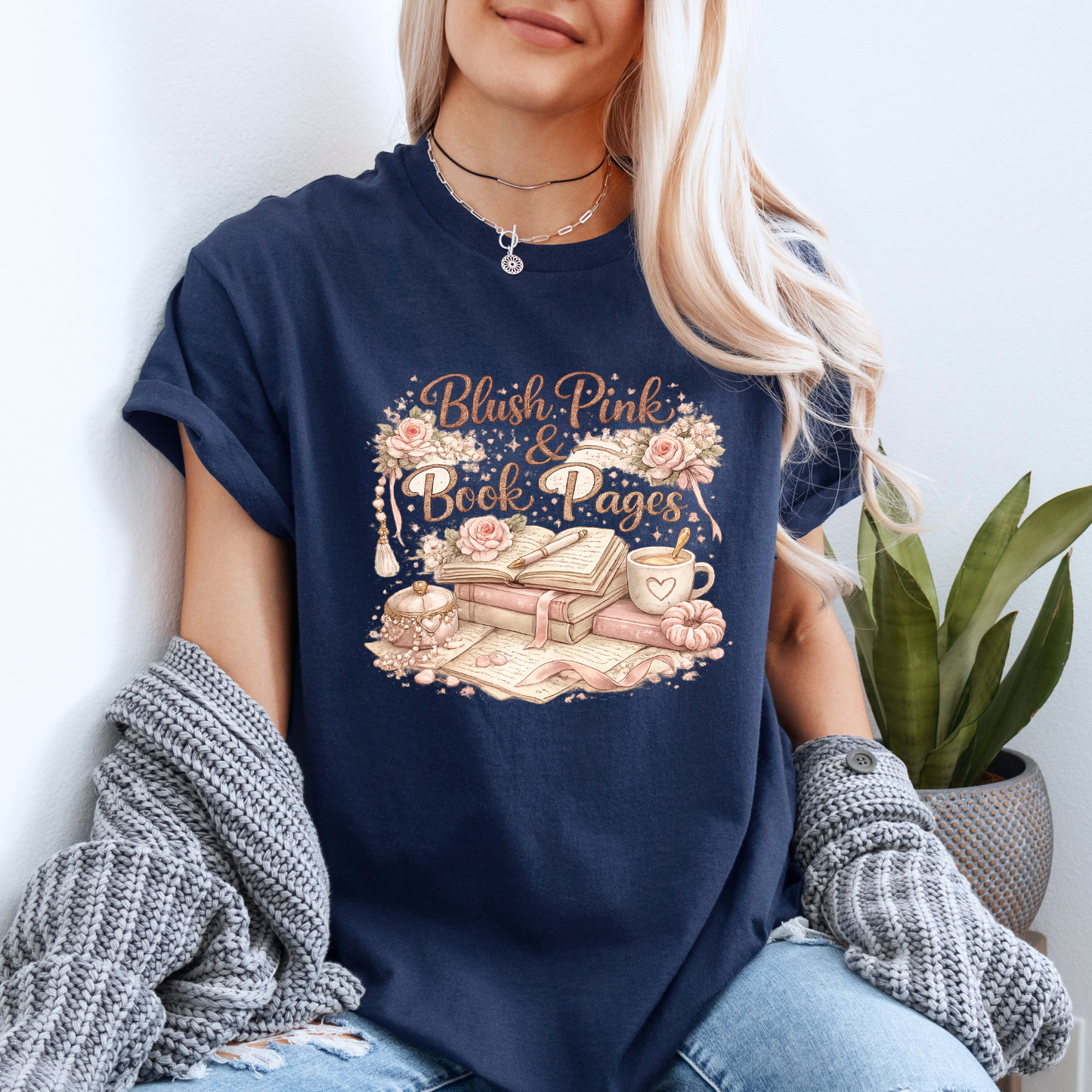 Blush Pink & Book Pages 📚🌸 t-shirt 100% Organic Cotton