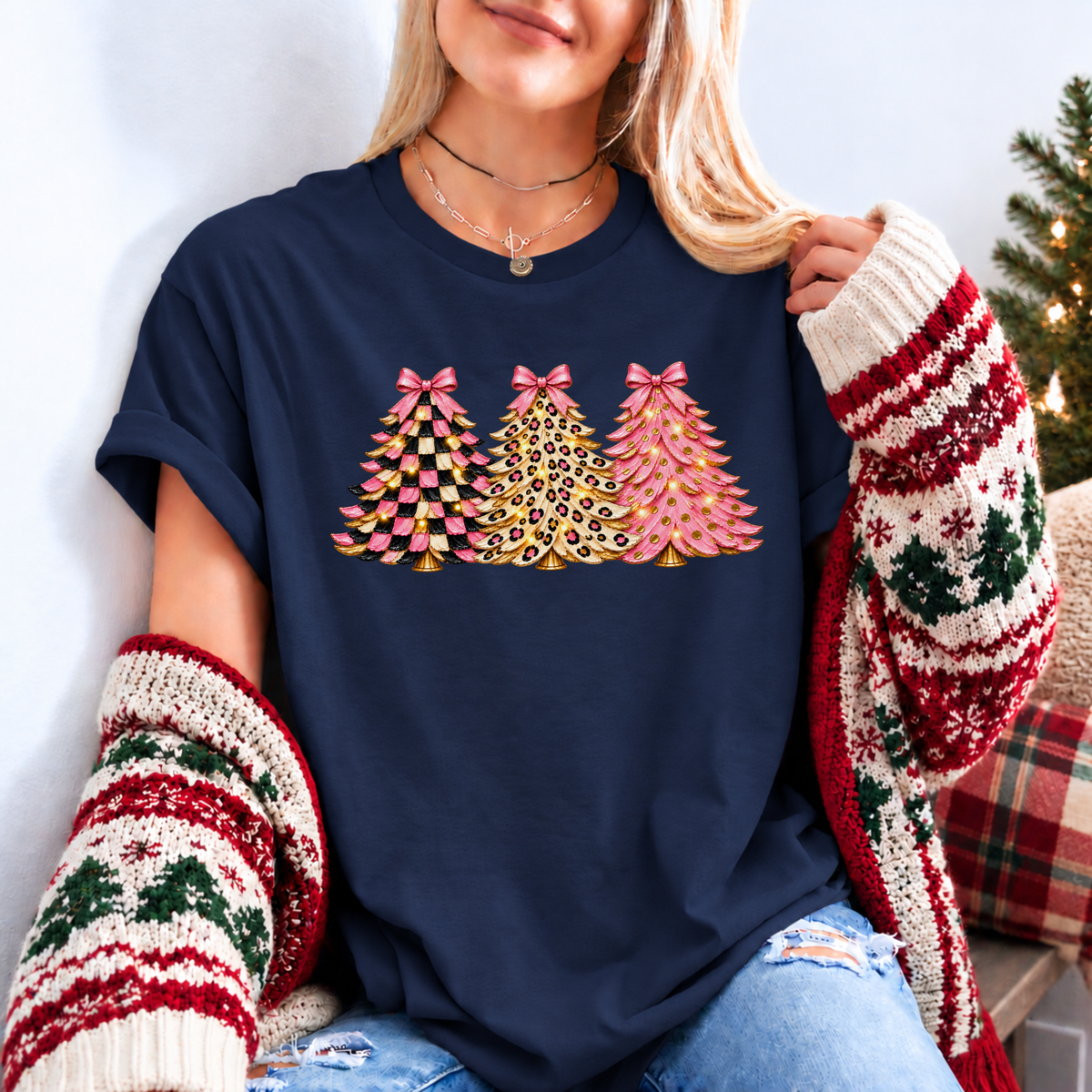 Pink, Wild & Bow-tiful Christmas Trees 🎀🎄✨ Organic Cotton Christmas T-Shirt