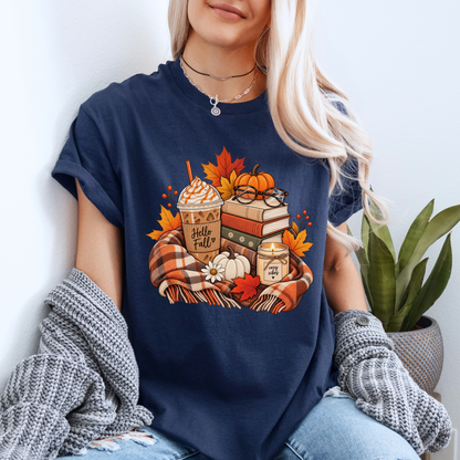 🍂📚 Hello Fall Bookish Cotton T-Shirt ☕✨