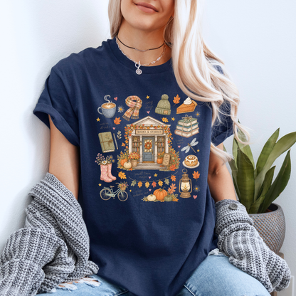 🍂📚 Autumn Bookshop Cotton T-Shirt ☕✨