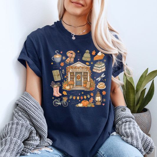 🍂📚 Autumn Bookshop Cotton T-Shirt ☕✨