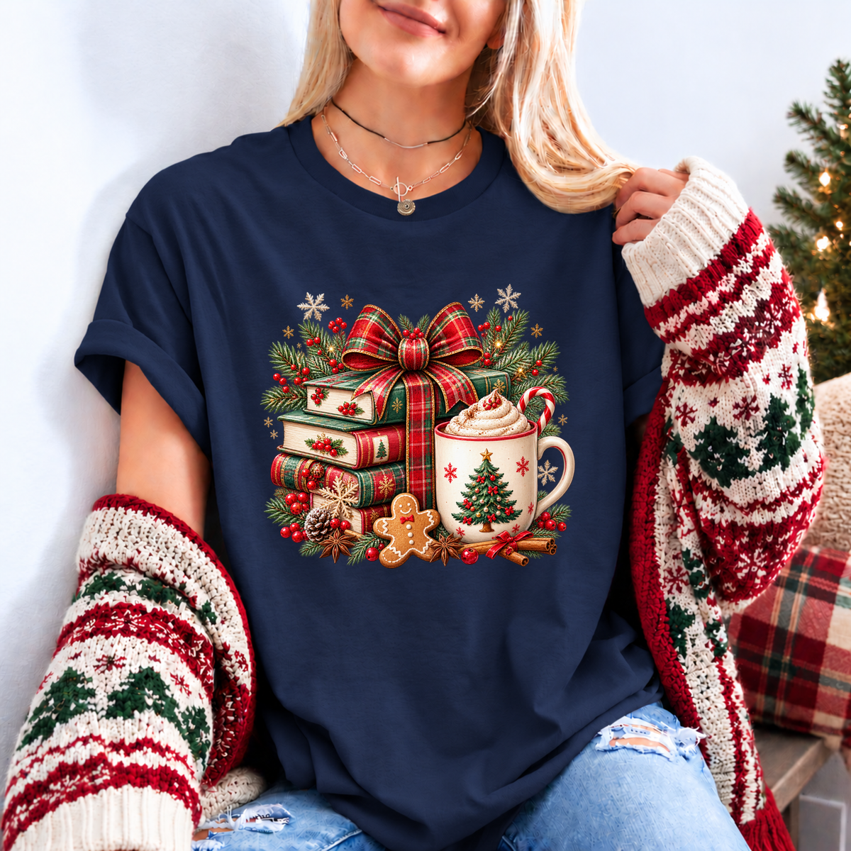 Festive Christmas Book Nook 🎄📚✨ Organic Cotton Christmas T-Shirt