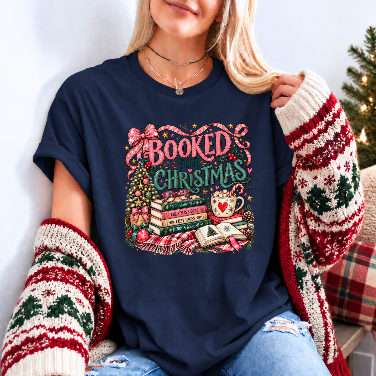 Booked for a Cosy Christmas 🎀📚🎄 Organic Cotton Christmas T-Shirt