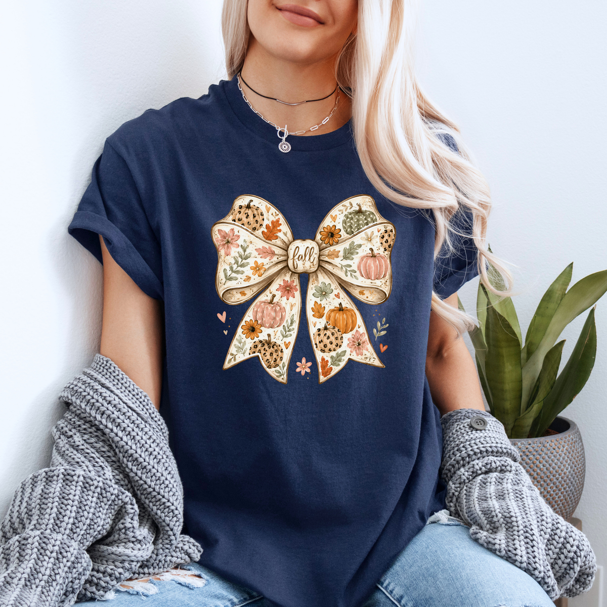 🎃🎀 Pumpkin Bow Fall Cotton T-Shirt 🍂✨
