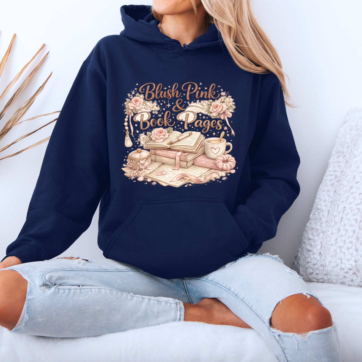 Blush Pink & Book Pages 📚🌸 Luxuriously Thick Hoodie