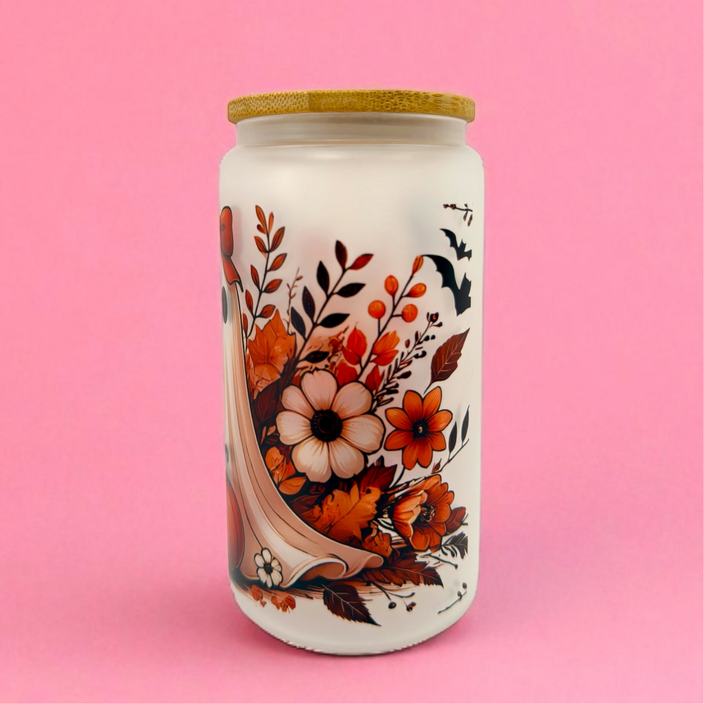 🎃👻 Fall Ghost & Pumpkin 16oz Frosted Glass Can