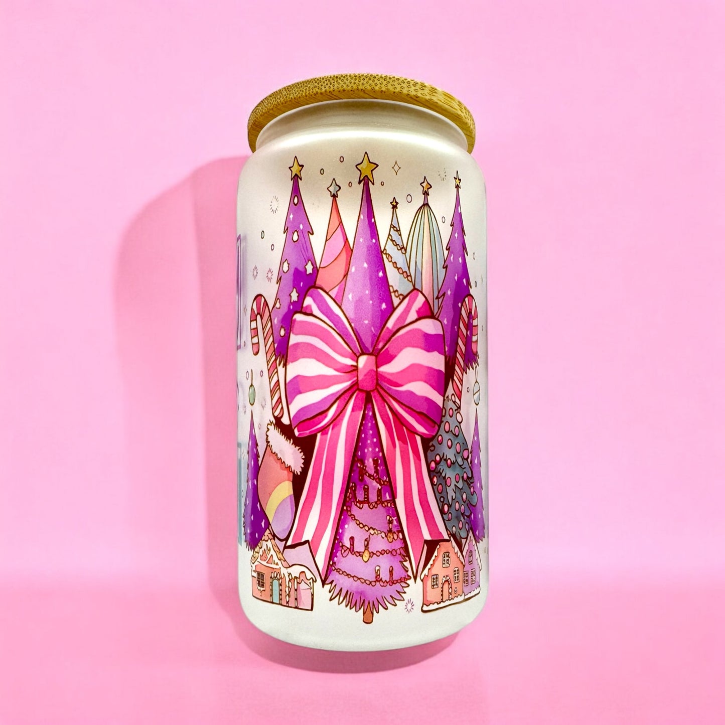 🎀 Merry and Bright 16oz Frosted Glass Cup 💜