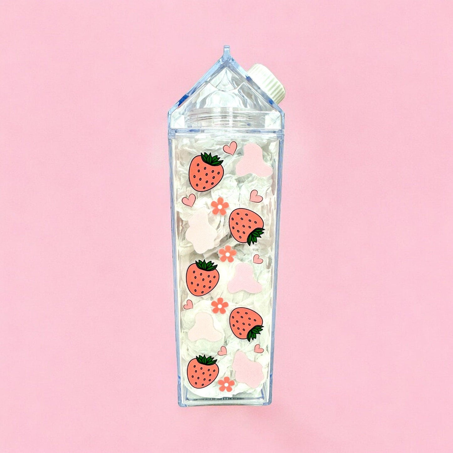 Pink Strawberry Cow Print Milk Carton Water Bottle 17oz