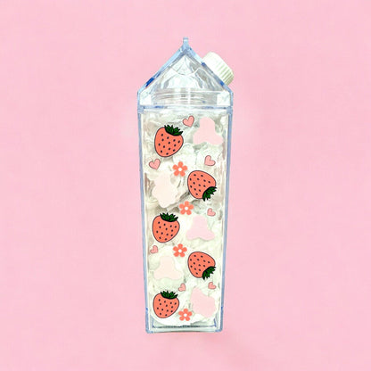 Pink Strawberry Cow Print Milk Carton Water Bottle 17oz
