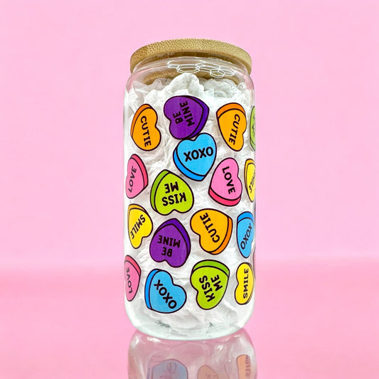 💖 Valentine’s Day Candy Heart Glass Cup – 16oz with Bamboo Lid & Straw 💘