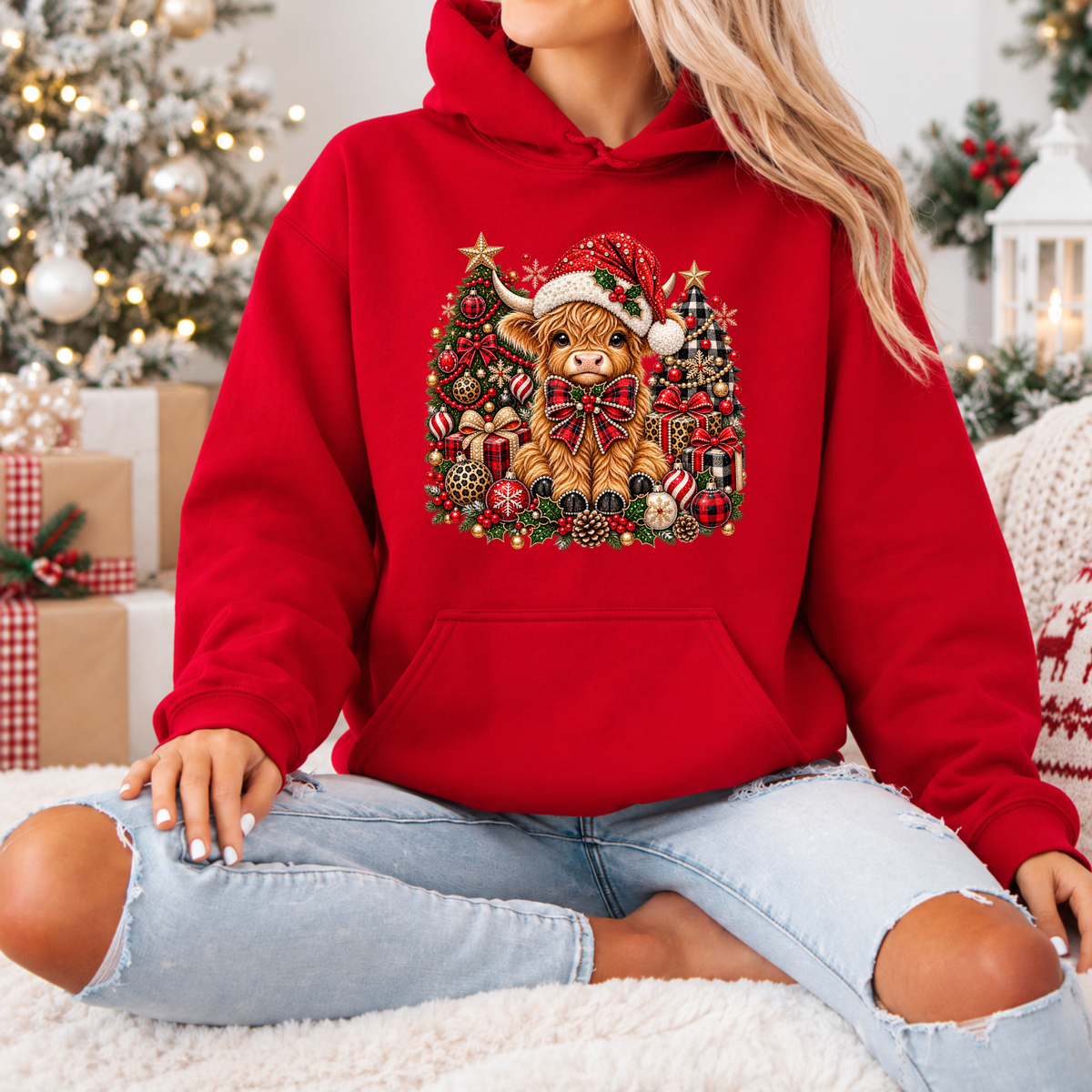 Moo-rry Christmas Highland Cow 🐮🎄  Premium Christmas Hoodie