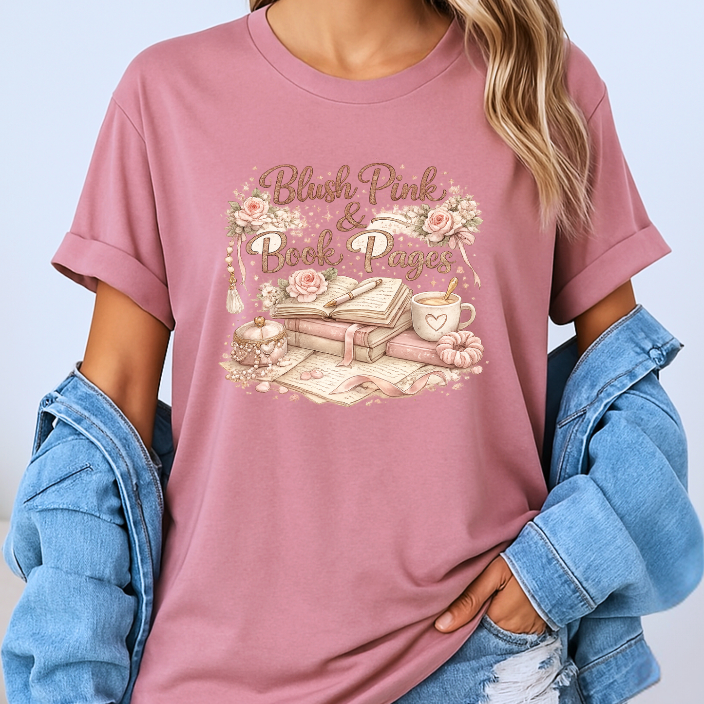Blush Pink & Book Pages 📚🌸 t-shirt 100% Organic Cotton