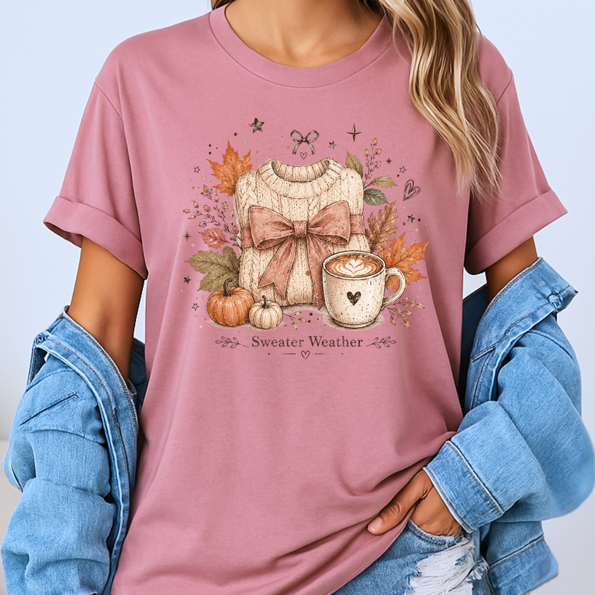 🍂🎀 Sweater Weather Bow Cotton T-Shirt 🧶✨