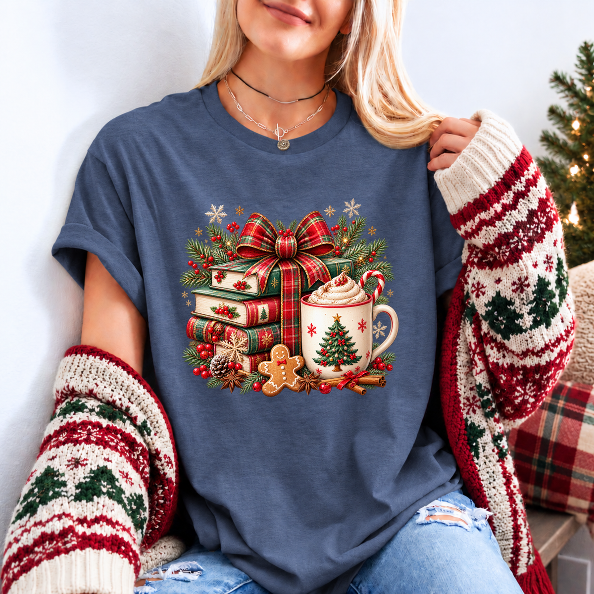 Festive Christmas Book Nook 🎄📚✨ Organic Cotton Christmas T-Shirt