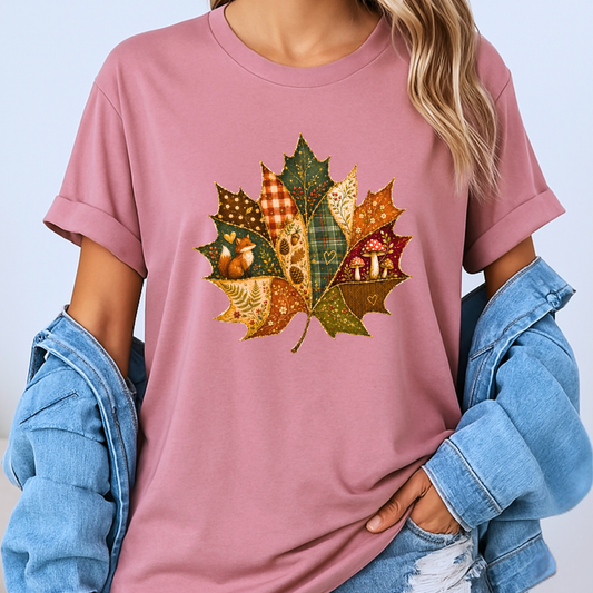 🍂🧵 Patchwork Autumn Leaf Cotton T-Shirt 🍁✨