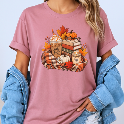 🍂📚 Hello Fall Bookish Cotton T-Shirt ☕✨