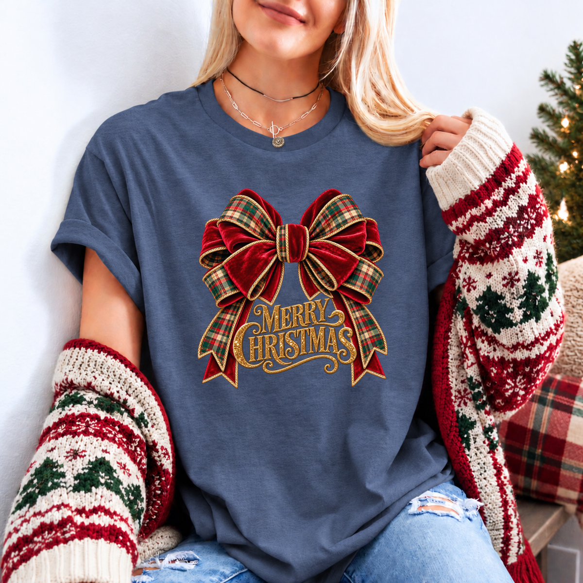 Christmas in Velvet & Tartan 🎀🎄✨ Organic Cotton Christmas T-Shirt