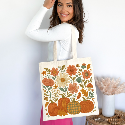 Autumn Floral & Pumpkin Tote Bag 🍂🌼 Eco-Friendly 100% Cotton Reusable Shopper
