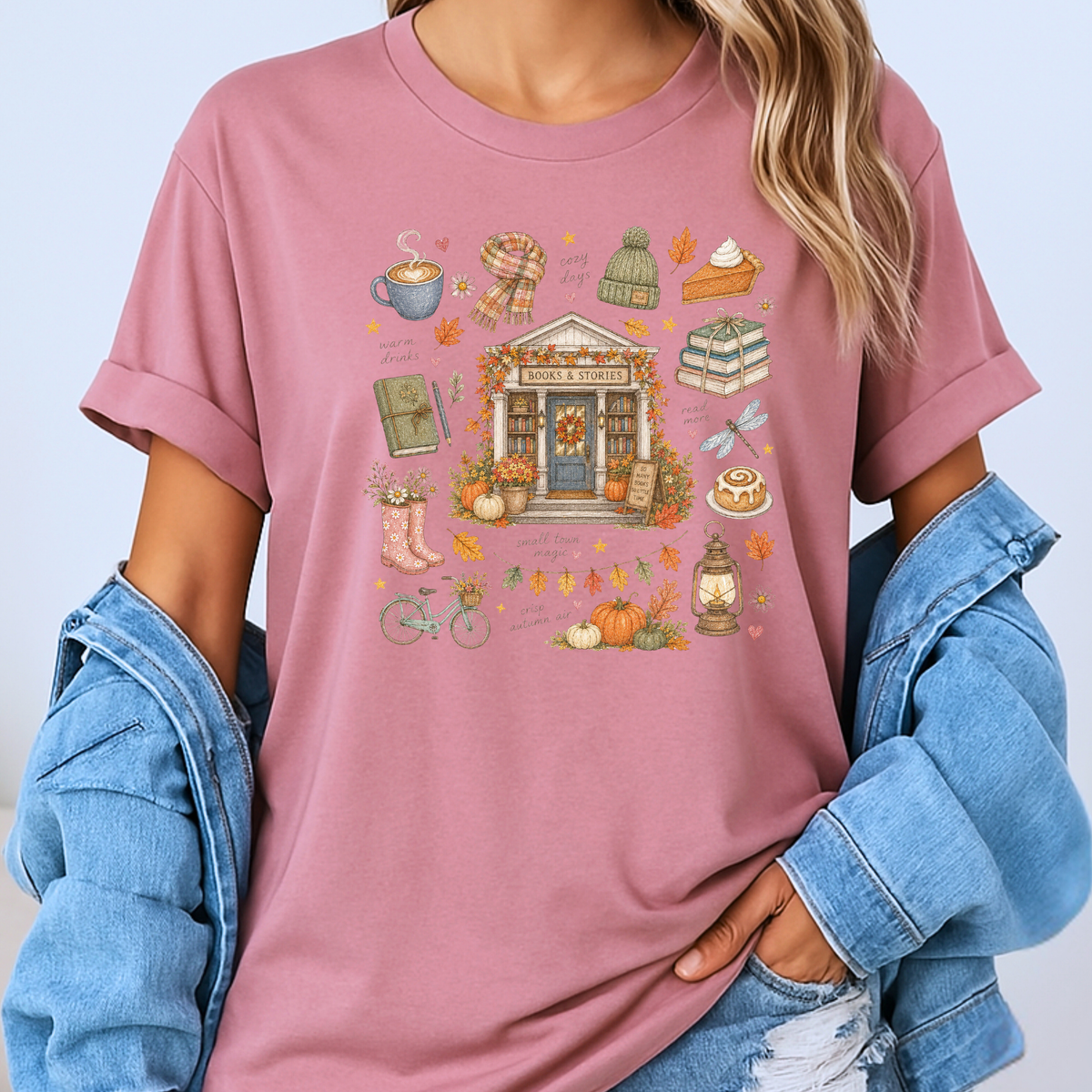 🍂📚 Autumn Bookshop Cotton T-Shirt ☕✨