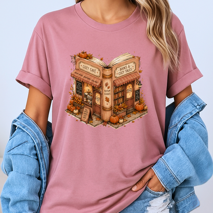 📚🍂 Cozy Café & Books Autumn T-Shirt ☕🎃