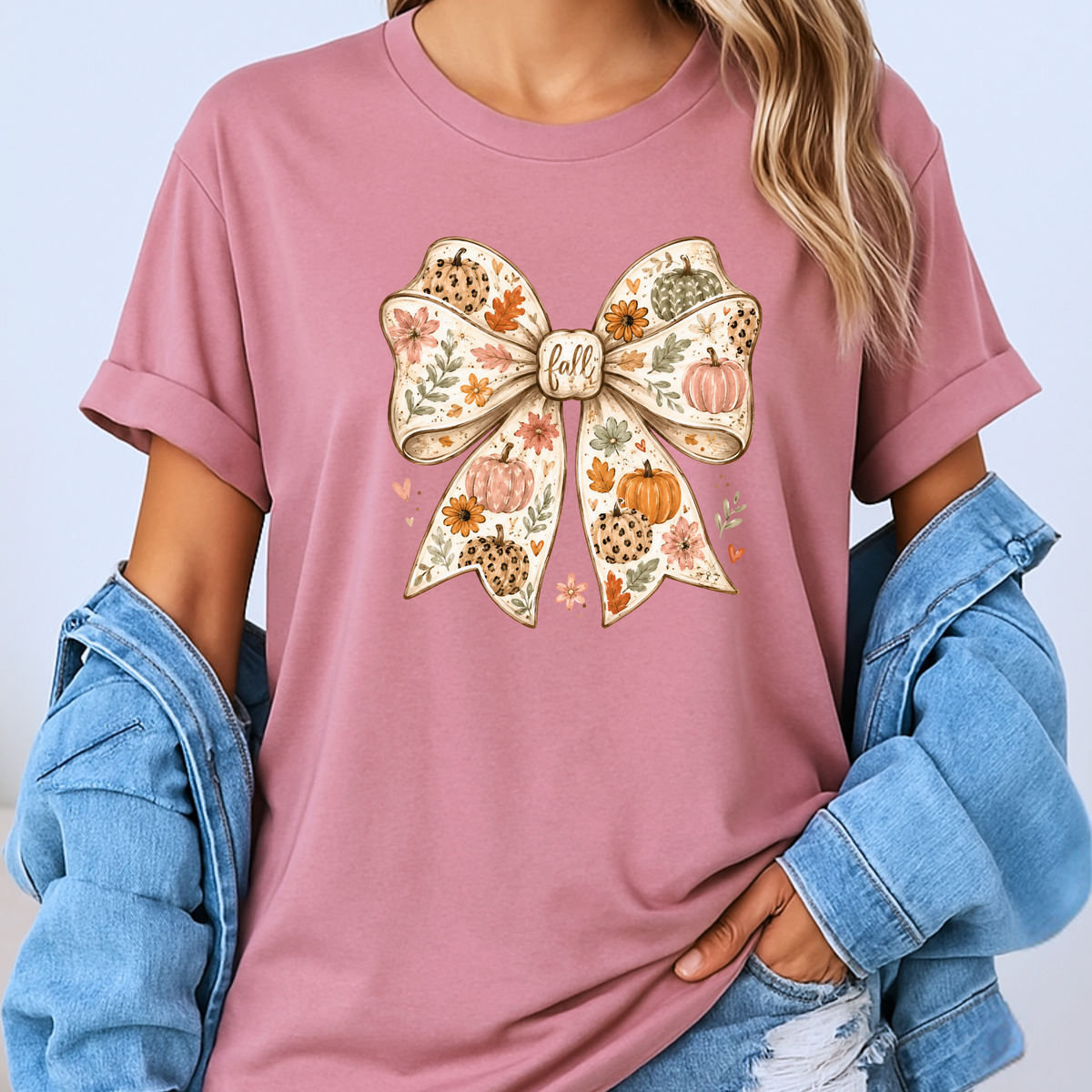 🎃🎀 Pumpkin Bow Fall Cotton T-Shirt 🍂✨