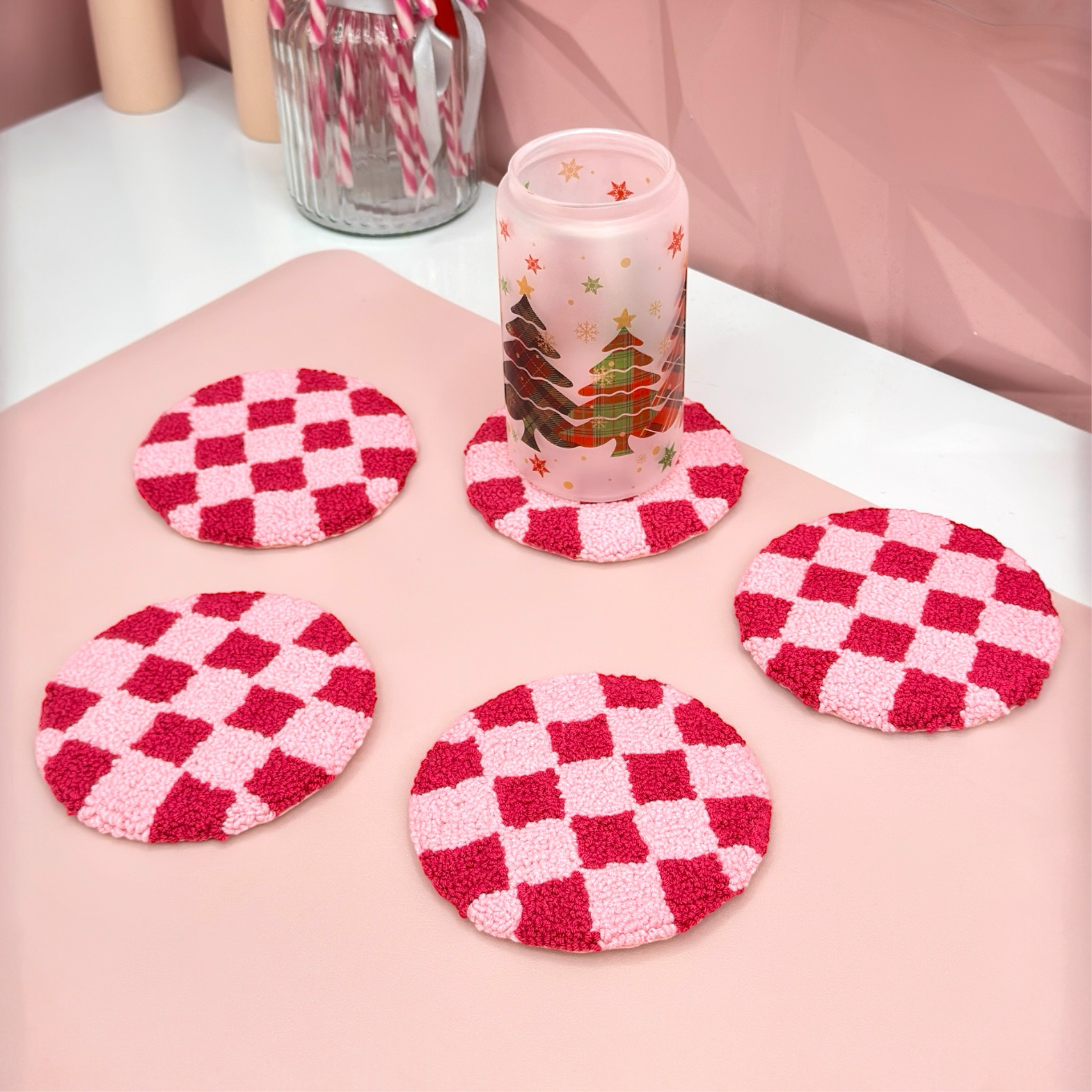 Pink Checkerboard Mug Rug 💕🧶