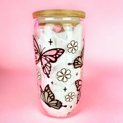 Butterfly Floral 16oz (455ml) Iced Coffee Glass Cup