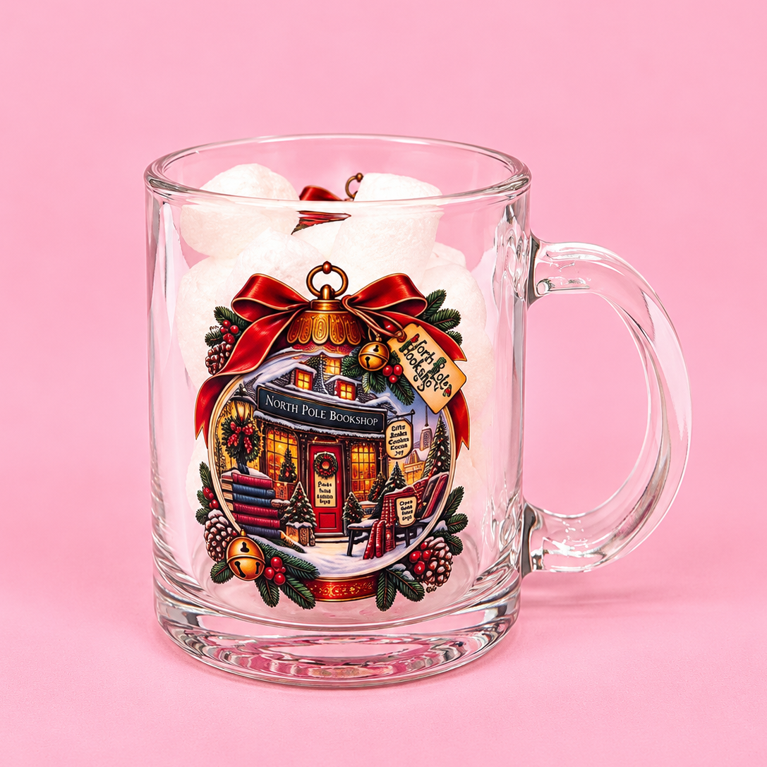🎄📚 North Pole Bookshop Christmas Glass Mug 11oz ❄️☕