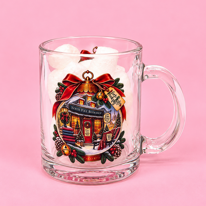 🎄📚 North Pole Bookshop Christmas Glass Mug 11oz ❄️☕