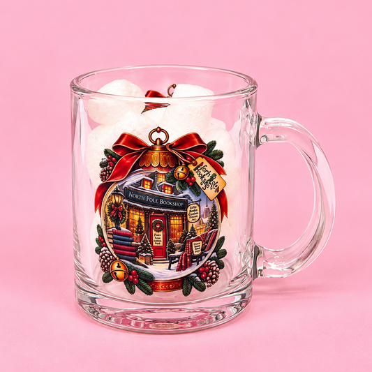 🎄📚 North Pole Bookshop Christmas Glass Mug 11oz ❄️☕